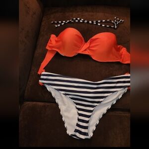 Amazon Women's Orange and Navy Striped Bikini